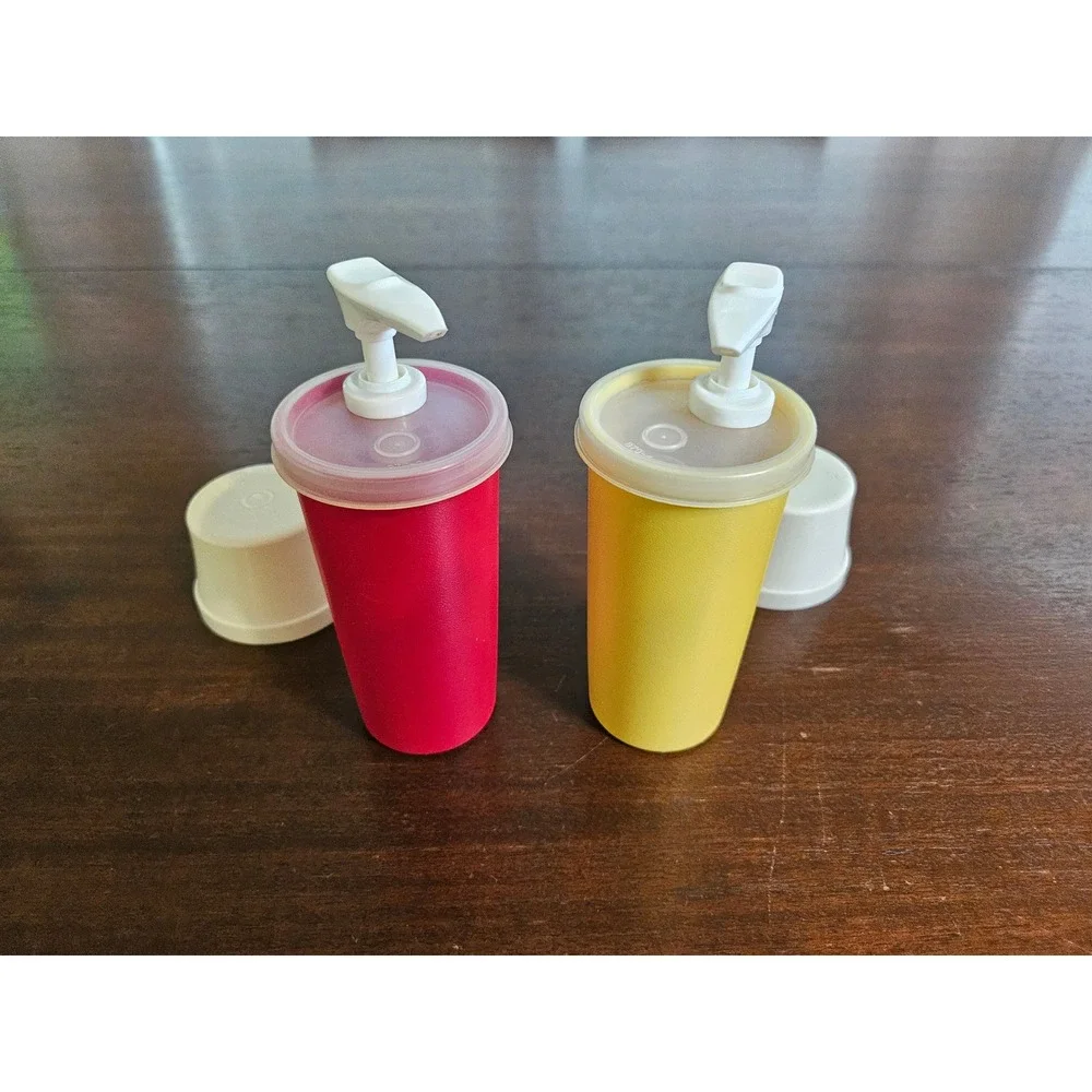 Tupperware Pump Dispensers Kitchen Set Red Yellow Vintage Tabletop Condiment S2